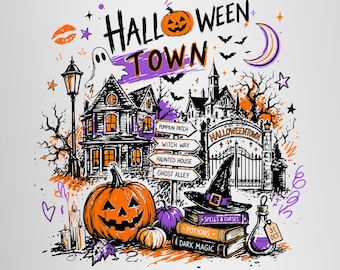 Halloweenstad PNG, läskig säsong PNG, retro pumpa lapp sublimering, spökhus fickdesign, Halloween-tröja grafisk digital nedladdning