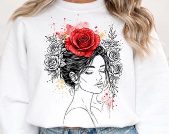 Rote Rose Frau Linie Kunst PNG | Blumen Mädchen T-Shirt Motiv | Minimalistischer Rosen Sublimationsdruck