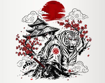 Samurai und Tiger (PNG), Japanischer Krieger (Digitaler Download), Kirschblüten-Sublimationsdesign, Asiatische Kunst (Kommerzielle Nutzung) – T-Shirt-Design