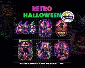Retro Halloween PNG Bundle - 10 Neon Gruselige Becher & T-Shirt Designs - Instant Download
