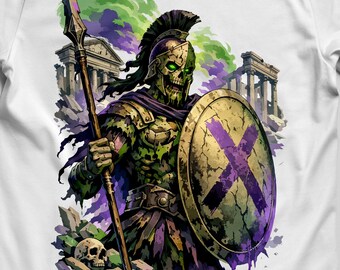 Odöd gladiator PNG, mörk mytisk krigare skjortdesign, gotisk skelettkämpe sublimering, Halloween-grafik