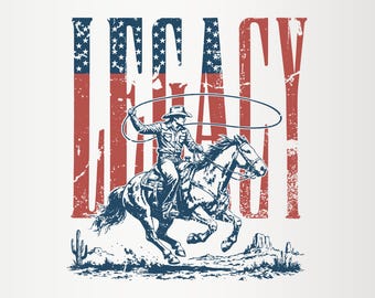Vintage Cowboy Legacy PNG, Western-Design mit amerikanischer Flagge, Rodeo-Pferd-Sublimationsdatei, patriotischer digitaler Download