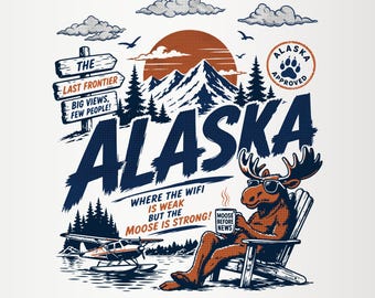 Retro Alaska PNG-Datei, Vintage Berg Elch Design, Last Frontier Wasserflugzeug Grafik, Sublimationsbecher Verpackung, Natur Shirt PNG