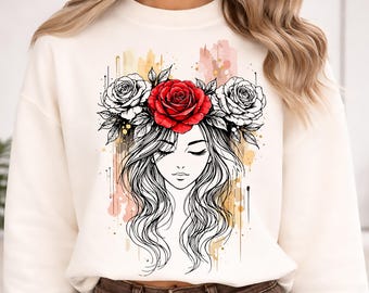 Boho Blumen Frau PNG | Vintage rote Rose Mädchen Shirt Design | Sublimations-T-Shirt druckbar