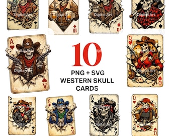 Western Skull-spelkort SVG-paket | Cowboyskelett PNG-designer (digital nedladdning)