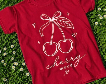 T-shirtdesign med körsbärsmotiv | Feminin grafisk t-shirt, röd körsbärsrosett (digital nedladdning)
