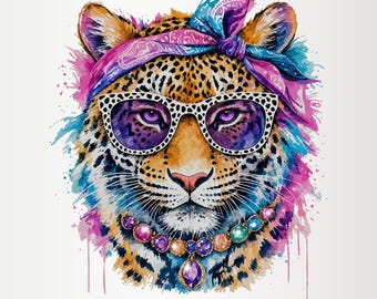 Glamouröser Leopard (PNG) | Glitzerndes Design | Alltagsdesigns | Elegantes PNG | Leopardenmuster (PNG) | Preppy-Tierdruckgrafik | Farbenfroher Leopard |