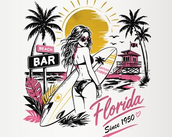 Retro surfflicka PNG, vintage Florida strand sublimeringsdesign, popkonst sommar digital nedladdning, 1950-talets tropiska surf-T-shirtgrafik