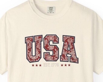 Retro Floral Lace USA Shirt, Vintage Patriotic Tee, Soft Comfort Colors 1717 Shirt, Americana Summer Graphic Tee