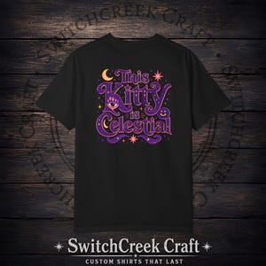 Celestial Cat Shirt, Witchy Graphic Tee, Mystical Astrology Cat Mom Gift, Purple Cosmic Back Print Top, Retro Halloween Shirt Boo Basket image 5