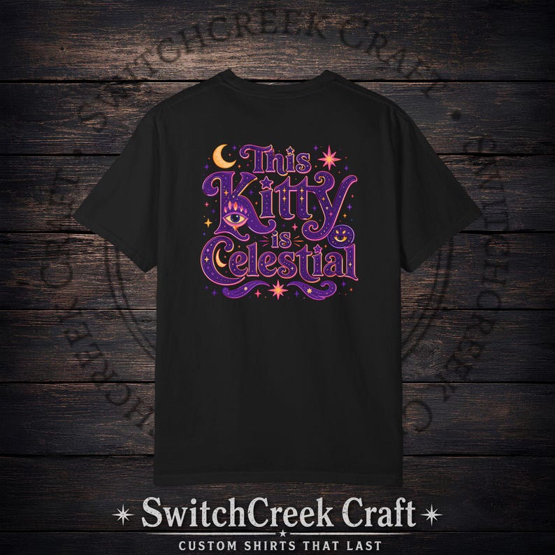 Celestial Cat Shirt, Witchy Graphic Tee, Mystical Astrology Cat Mom Gift, Purple Cosmic Back Print Top, Retro Halloween Shirt Boo Basket image 5