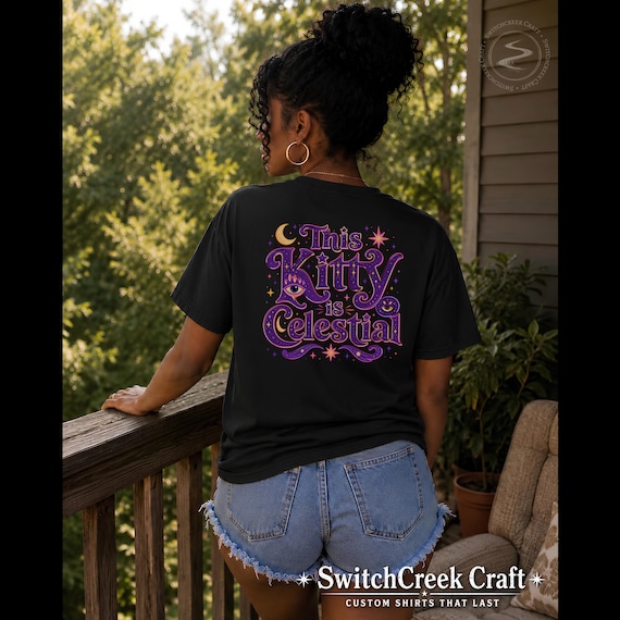 Celestial Cat Shirt, Witchy Graphic Tee, Mystical Astrology Cat Mom Gift, Purple Cosmic Back Print Top, Retro Halloween Shirt Boo Basket