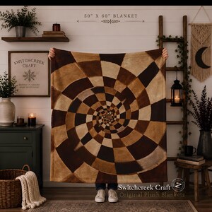 Mid Century Modern Throw Blanket, Brown Checkered Spiral Blanket Earth Tone Retro 70s Decor Geometric Plush Couch Throw, Neutral Boho Decor