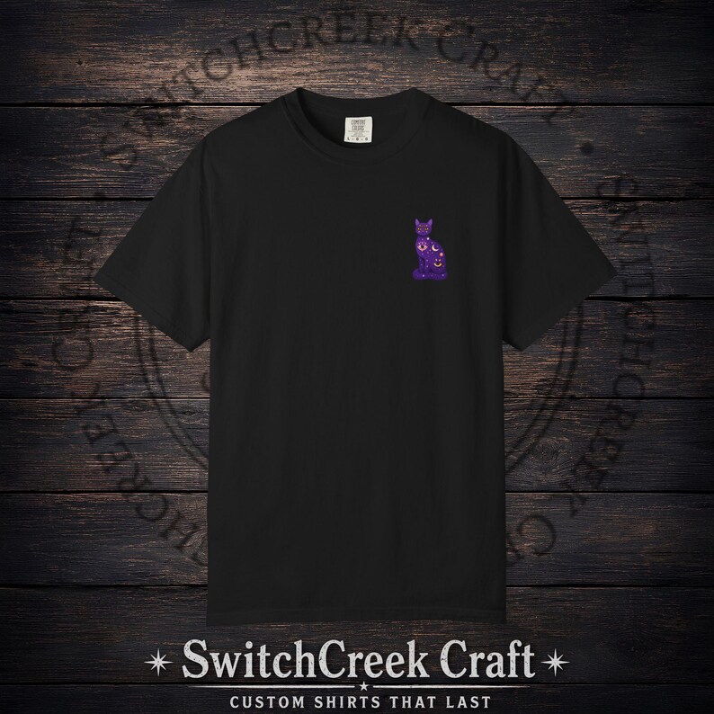 Celestial Cat Shirt, Witchy Graphic Tee, Mystical Astrology Cat Mom Gift, Purple Cosmic Back Print Top, Retro Halloween Shirt Boo Basket image 6
