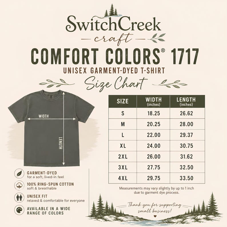 May include: A size chart for a SwitchCreek Comfort Colors 1717 garment-dyed t-shirt. The chart displays width and length measurements in inches for sizes S through 4XL, alongside a visual diagram of a dark grey t-shirt with arrows indicating measurement points.
