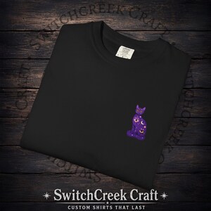 Celestial Cat Shirt, Witchy Graphic Tee, Mystical Astrology Cat Mom Gift, Purple Cosmic Back Print Top, Retro Halloween Shirt Boo Basket image 7