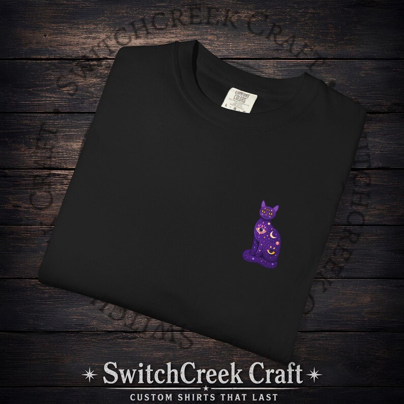 Celestial Cat Shirt, Witchy Graphic Tee, Mystical Astrology Cat Mom Gift, Purple Cosmic Back Print Top, Retro Halloween Shirt Boo Basket image 7