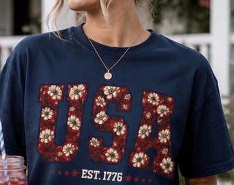 Floral USA Shirt, Comfort Colors Patriotic Tee, Vintage America Shirt, Fourth of July Graphic Tee, Est 1776 Shirt