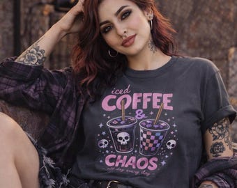 Iced Coffee Chaos Graphic Tee, Alt Girl Dark Shirt