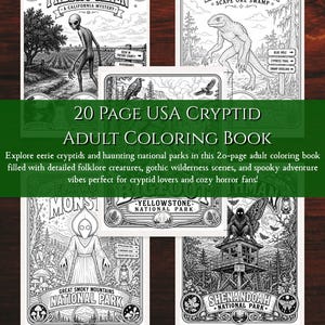 May include: A 20-page USA Cryptid adult colouring book featuring black and white illustrations of folklore creatures like the Fresno Alien, Lizard Man, and Bigfoot in national parks. The cover displays detailed scenes with text labels.