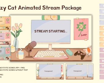 Animated Cozy Cat Stream Overlay Package | Twitch, YouTube (Digital Download)