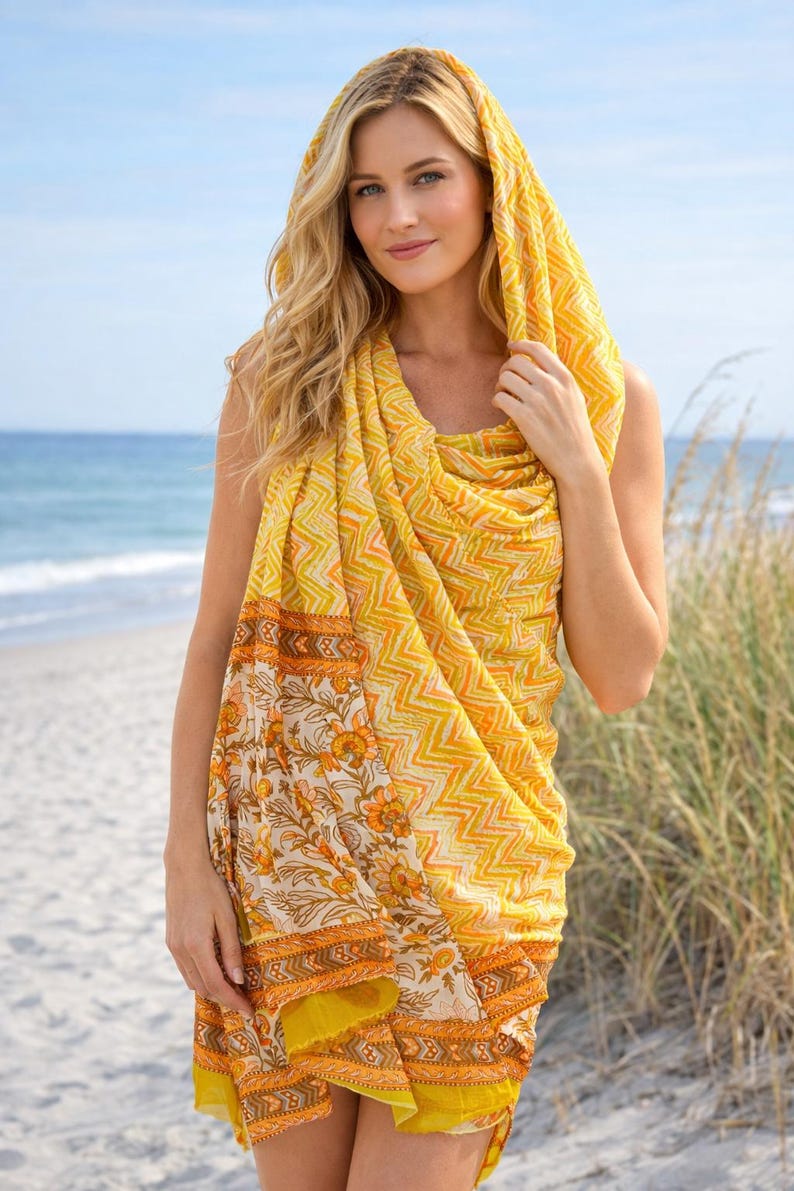 Paréo en coton imprimé bloc écharpe en gros paréo de plage paréo indien écharpe paréo d'été grand paréo pour femme bohème bikini cover up image 2