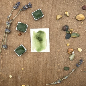 May include: Four green watercolor paint pans arranged in a circle on a wooden surface with dried lavender sprigs and small stones.