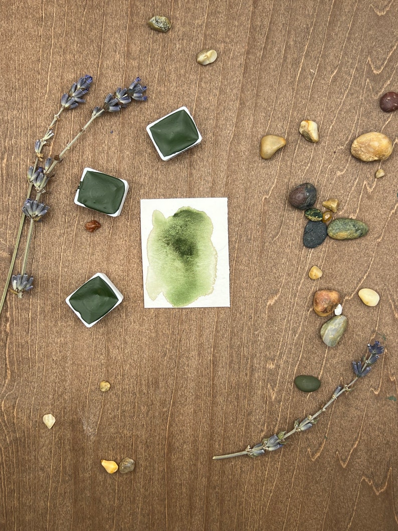 May include: Four green watercolor paint pans arranged in a circle on a wooden surface with dried lavender sprigs and small stones.