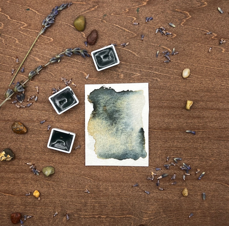 May include: Overhead shot of watercolor paints and supplies on a wooden surface. Three square watercolor paint pans are filled with dark blue-green paint. A watercolor swatch shows the color. Lavender sprigs and small stones are scattered around.