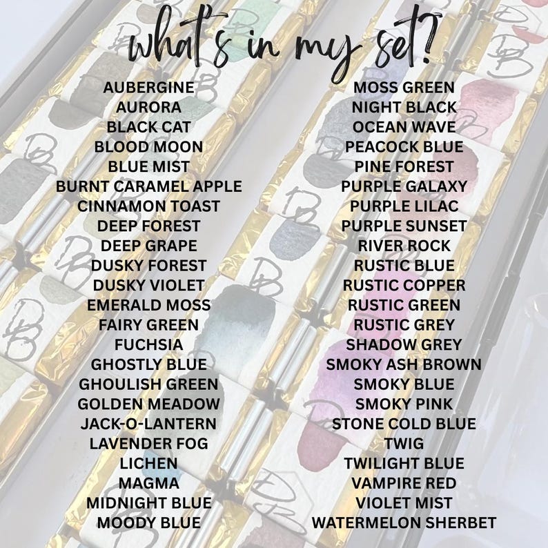 K&ouml;nnte beinhalten: Ein Aquarellfarbenset mit einer Vielzahl von Farben, darunter "Aubergine", "Aurora" und "Black Cat". Der Text "what's in my set?" steht oben. Jede Farbe ist mit ihrem Namen beschriftet.