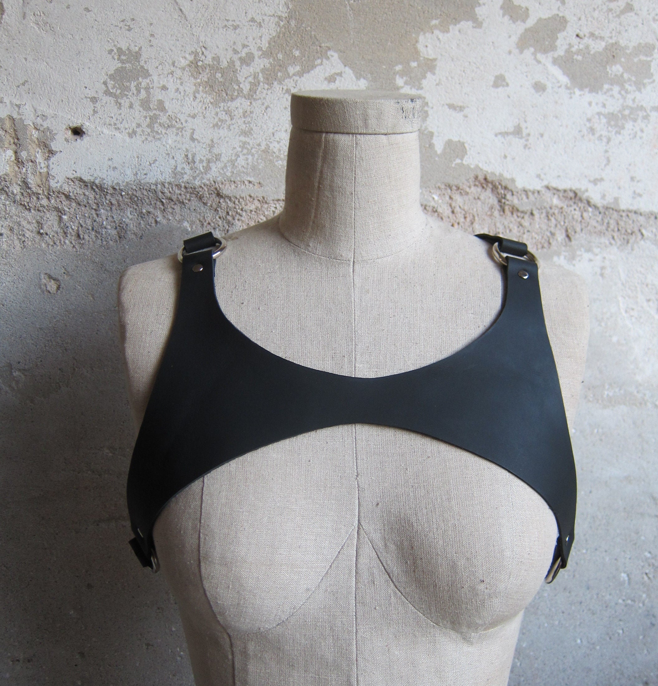 THE NIGHT RIDER - A Beautiful, unique, original, handcrafted, quality, black leather chest harness belt over bust. Great Gift