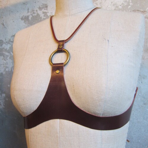 THE WARRIOR is a beautiful, unique, original, handcrafted, quality brown leather bra harness under bust.