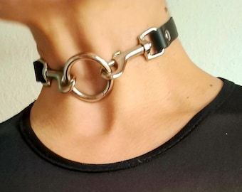 May include: A black leather choker with a large silver ring and a silver hook closure.