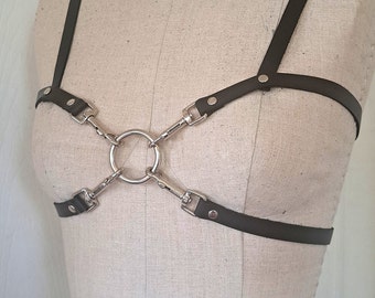 OPHELIA is a beautiful, unique, original, handcrafted, quality leather bra harness bust garment, bra accessory.