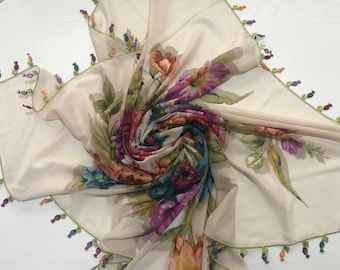 Antique Needle Embroidered Scarf & Turkish Traditional Headscarf (Oyalı Yemeni)