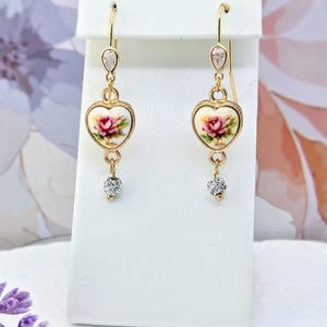 Vintage Floral Heart Earrings with Crystal Bead- Porcelain and Cubic Zirconia- Victorian Inspired Jewelry-Gift for Bride and bridesmaids image 1