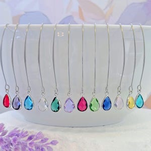 Birthstone Silver Threader Earrings: Choose Month, Dangle Drop, Personalized Jewelry