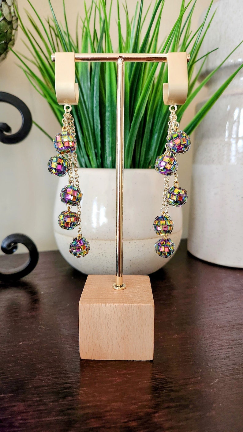 Hanging Disco Balls Earrings Dangle and Long Sparkling Beaded Jewelry