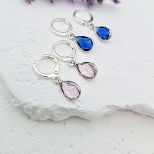 Birthstone Sterling Silver Earrings: Choose Month, Huggie Hoop Teardrop, Personalized Minimalist Jewelry, Meaningful Bridesmaid Wedding Gift