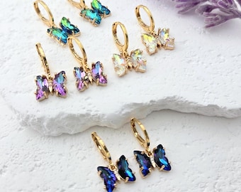 Crystal Butterfly Earrings- Dainty Real Gold Hoop Huggies, Gift for little girl, daughter and teen kids, Hypoallergenic for sensitive ears