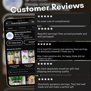 May include: Screenshot of a mobile phone screen displaying customer reviews for a shop called Charming Lobes. The reviews are all positive and mention the quality of the earrings, the speed of shipping, and the overall satisfaction of the customers. The shop's website address is www.charminglobes.com.