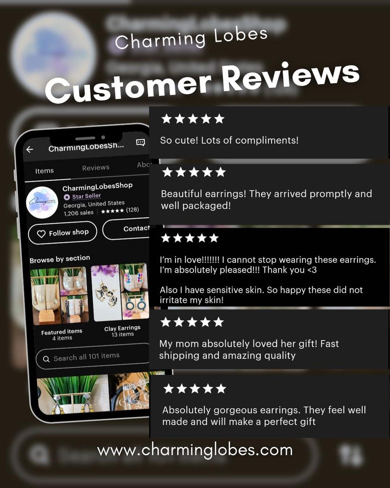 May include: Screenshot of a mobile phone screen displaying customer reviews for a shop called Charming Lobes. The reviews are all positive and mention the quality of the earrings, the speed of shipping, and the overall satisfaction of the customers. The shop's website address is www.charminglobes.com.