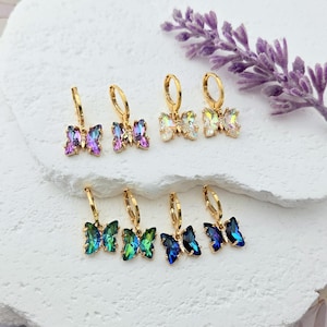Crystal Butterfly Earrings- Dainty Real Gold Hoop Huggies, Gift for little girl, daughter and teen kids, Hypoallergenic for sensitive ears