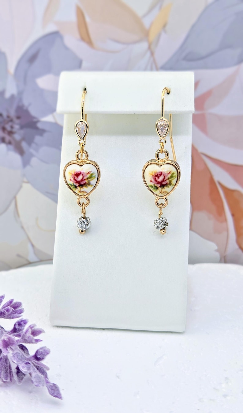 Vintage Floral Heart Earrings with Crystal Bead- Porcelain and Cubic Zirconia- Victorian Inspired Jewelry-Gift for Bride and bridesmaids image 1