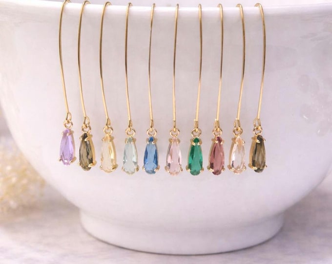 Gold Threader Earrings- With Drop Glass Stone, Minimalist Jewelry, Dainty Dangle ,Gift for Women, 18k Gold, Multiple Colors, Wedding Bride