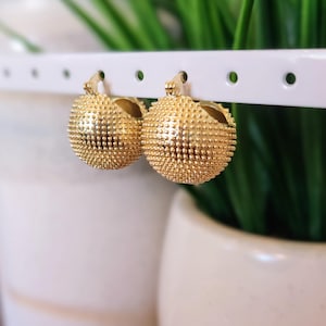May include: A pair of gold-colored hoop earrings with a textured, dotted surface. The earrings are round and hang from a white display rack. Green plants are visible in the background, adding a touch of color to the image.