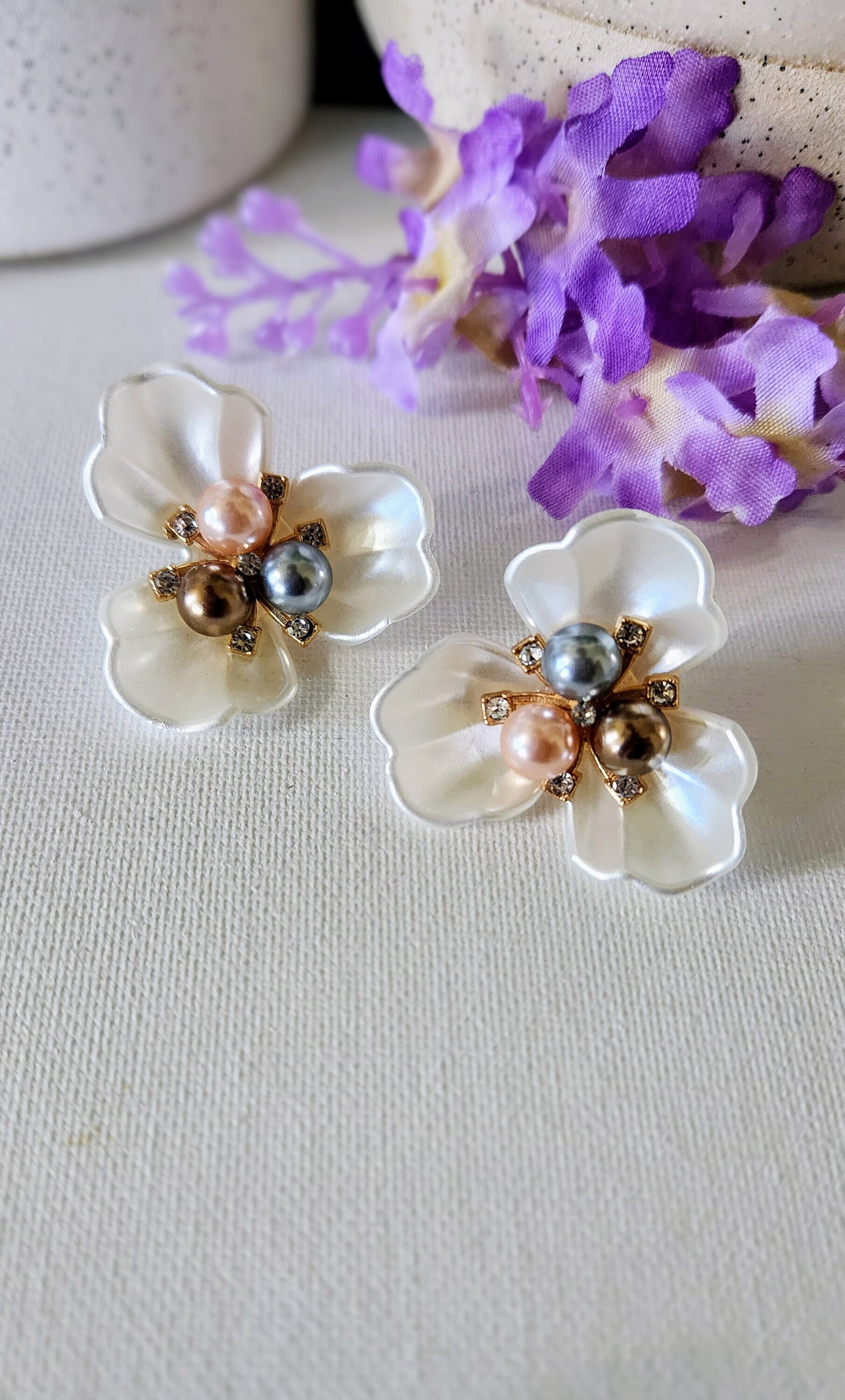 Large Pearl White Flower Stud Earrings Metallic Color Beads and Rhinestone Accents Floral