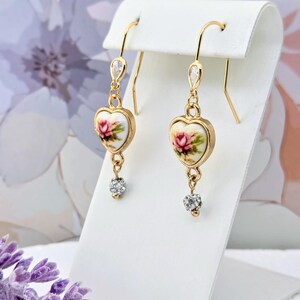 Vintage Floral Heart Earrings with Crystal Bead- Porcelain and Cubic Zirconia- Victorian Inspired Jewelry-Gift for Bride and bridesmaids image 2