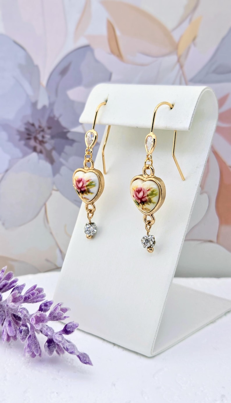 Vintage Floral Heart Earrings with Crystal Bead- Porcelain and Cubic Zirconia- Victorian Inspired Jewelry-Gift for Bride and bridesmaids image 2