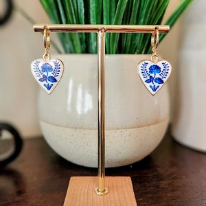 Dainty White Heart and Royal Blue Flower Huggie Earrings, 18k Gold Plated, Tea Pot Porcelain Inspired Gift